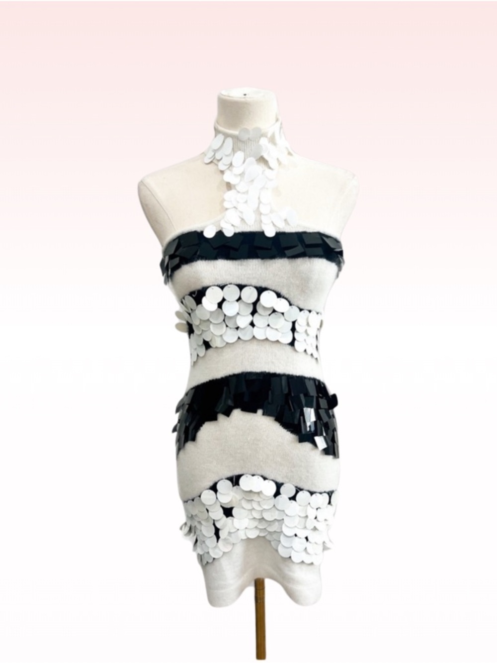 BEBE Y2K Black & White Striped Sequin Fur Halter Neck Dress (Sz XS)